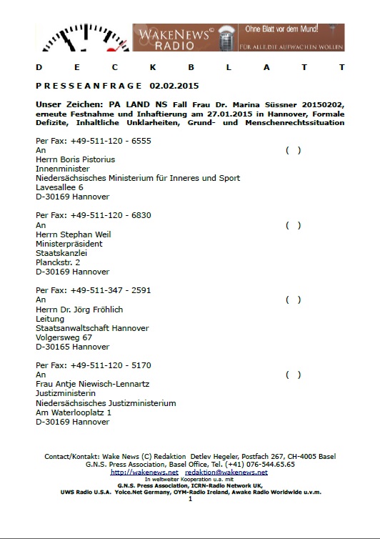 Deckblatt Presseanfragen an das Land Niedersachsen zur Inhaftierungvon Frau Dr. Marina S�ssner 20150202